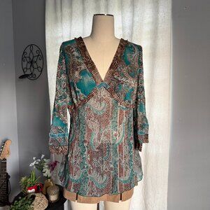 Paisley Chiffon Blouse Velvet Trim